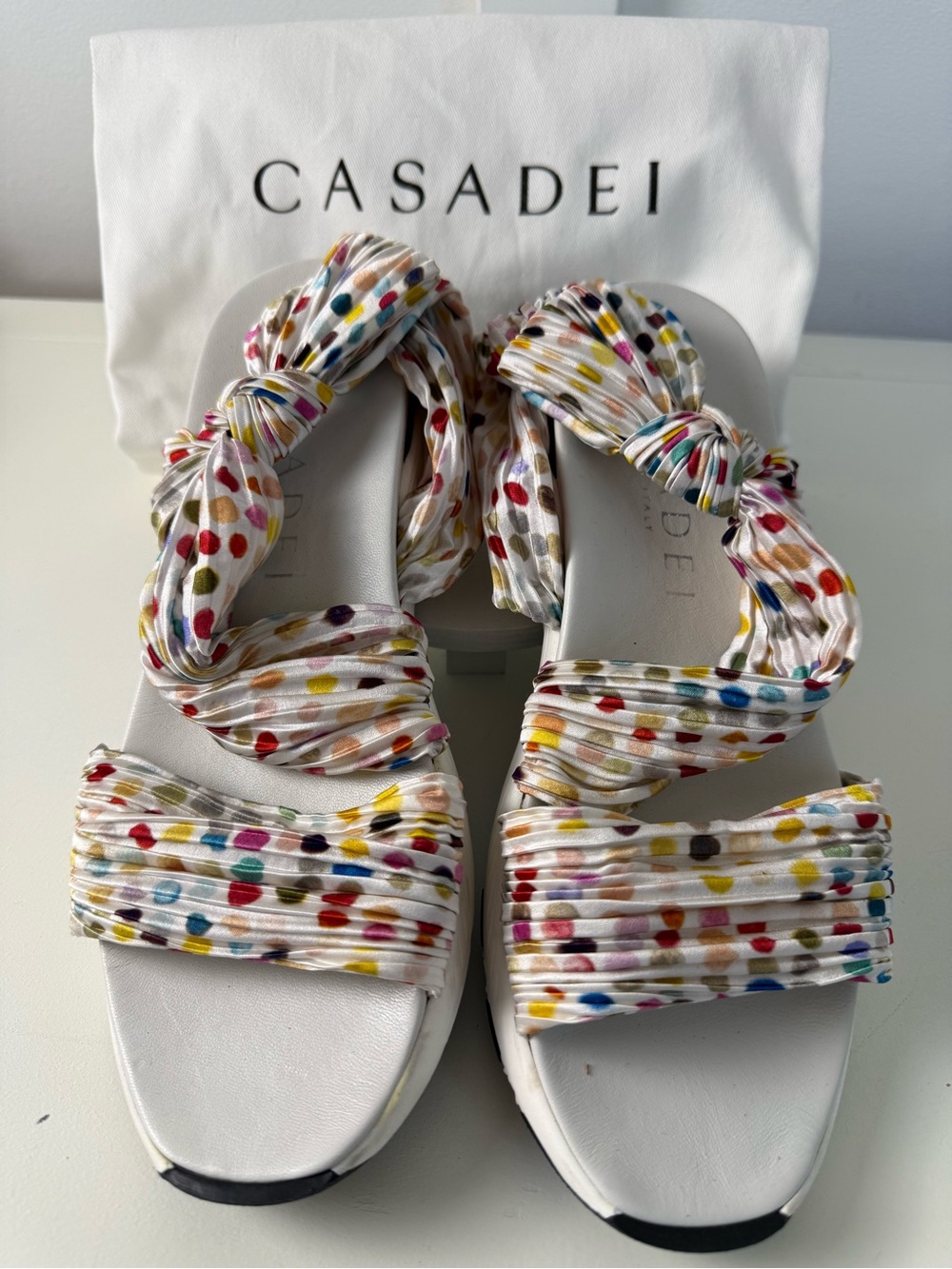 Casadei White Sandals with Multicolored Polka-Dot Straps